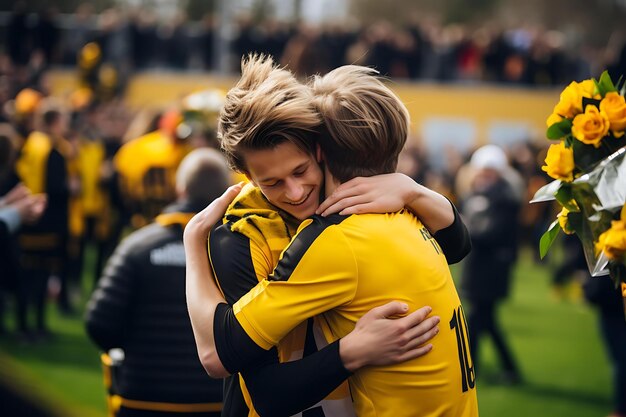 Ondersteunende knuffel tussen teamgenoten in een sportwedstrijd