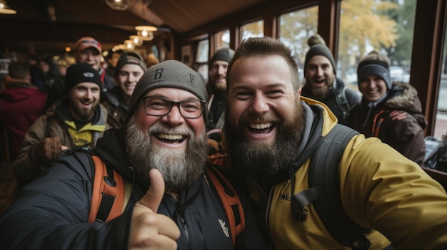 Ondersteunende vrienden Een hartverwarmend beeld van een zwaarlijvige persoon die lacht met vrienden na een trainingssessie Generatieve AI