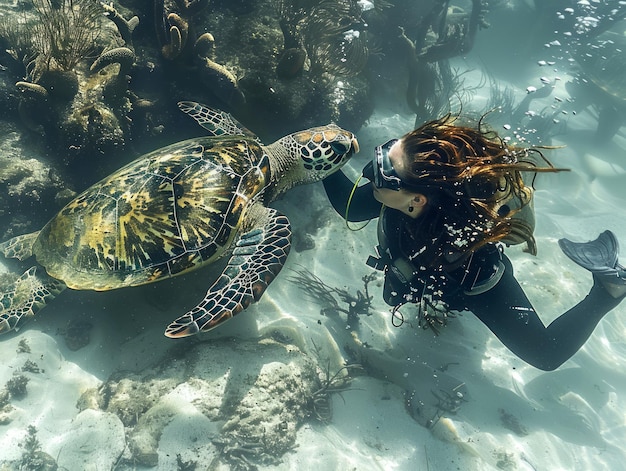 Foto onderwater avontuur met vrouwelijke duiker die koraalriffen verkent naast een majestueuze zeeschildpad in een