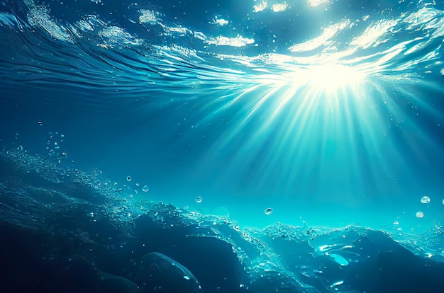 Onderwater blauw water zeebodem bodem achtergrond met zonnestralen van aqua oppervlak generatieve AI