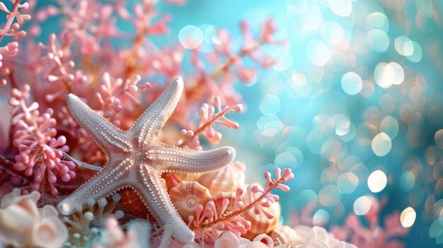 Foto onderwater droomlandschap met zeesterkoralen en zachte bokeh