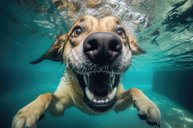 Onderwater grappige foto van hond duikt diep van binnen Close-up onderwaterfoto Generatieve AI illustr