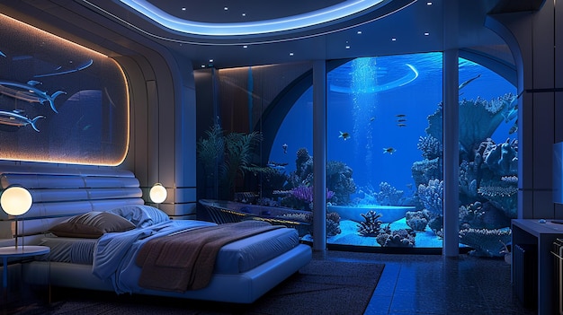 Foto onderwater hotelkamer met bioluminescerend zeeleven