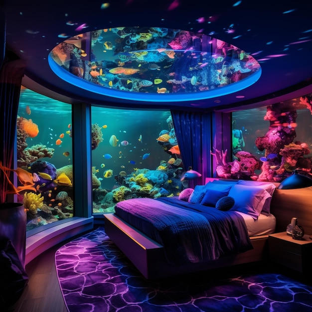 Onderwater hotelslaapkamer onder water aquariumbehang AI Gegenereerde kunst