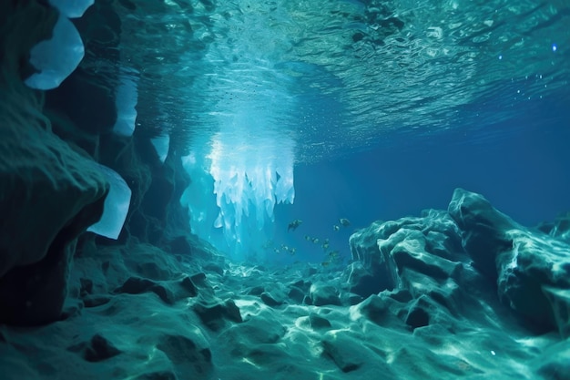 Onderwater ijsgrot gevormd door het smelten van een ijsberg gecreëerd met generatieve ai