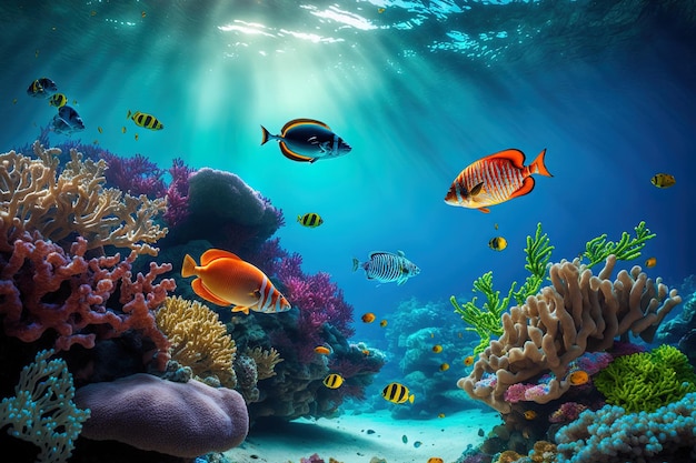 Foto onderwater koraalrif en lagune onderwaterlandschap snorkelexcursie