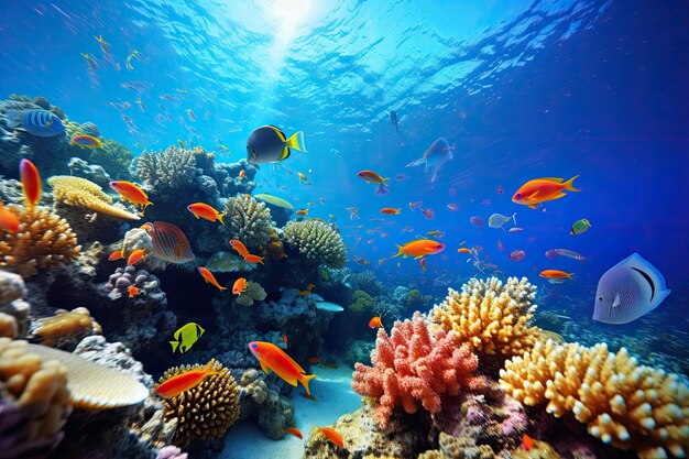 Foto onderwater met kleurrijke zeeleven vissen en planten op de zeebodem achtergrond kleurrijk koraallandschap