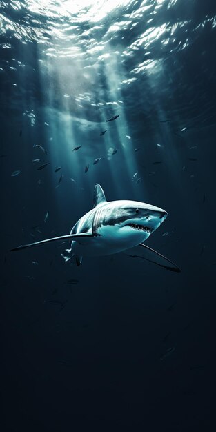 Onderwater ontmoet majestueuze grote witte haai in fotorealistisch donkerwit en aquamarijn