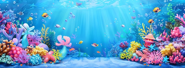 Onderwater thema achtergrond met zeemeerminnen en zeedieren vergezeld van een 3D podium voetstuk met een