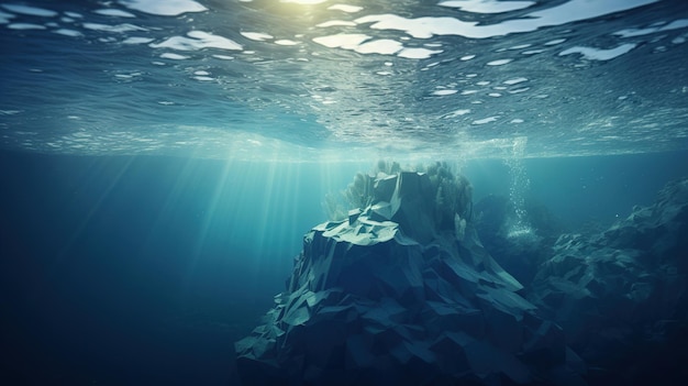 Foto onderwater zicht op een rots in het water met een zon erachter.