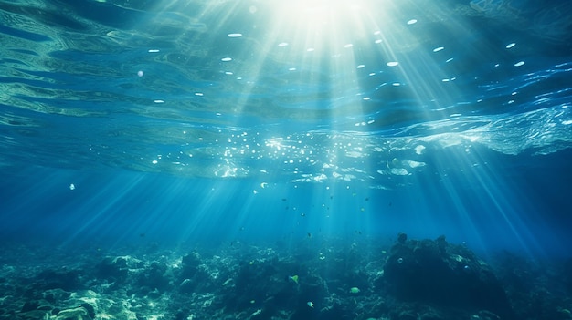 onderwaterachtergrond met waterbellen en onderzeese wezens met zonlicht