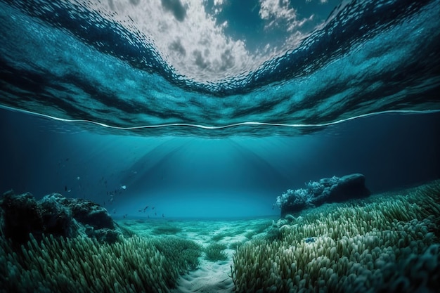 Onderwaterachtergrond met zee- of oceaanbodem en zonnestralen Ai