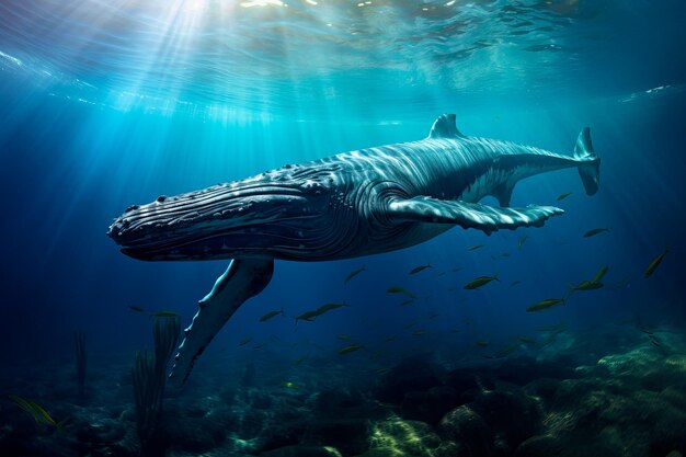 Foto onderwaterbeeld van een blauwe walvis die in de oceaan zwemt