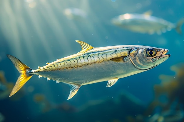 Foto onderwaterbeeld van een enkele atlantische makreel die sierlijk zwemt in de zonneblauwe wateren van de oceaan