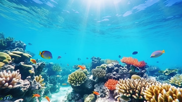Onderwaterbeeld van een kleurrijk koraalrif met vissen Oceaanecosysteem Generatieve AI