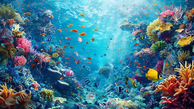 Onderwaterbeeld van een koraalrif met veel kleurrijke vissen