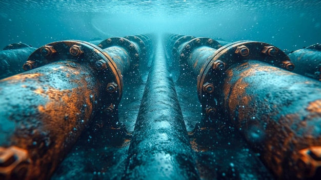 Onderwaterbeeld van een pijpleiding voor het pompen en vervoeren van olie en gas langs de zeebodem.