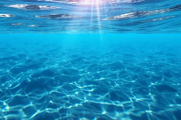 Onderwaterbeeld van het blauwe zeewateroppervlak met zonnestralen