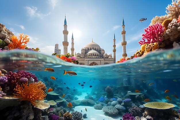 Onderwaterbeeld van moskee en koraalrif met vissen