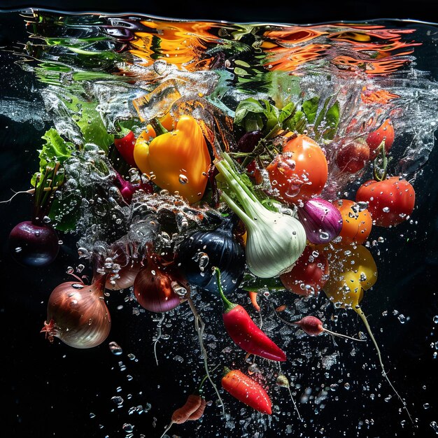 Onderwaterfoto met groenten op een zwarte achtergrond