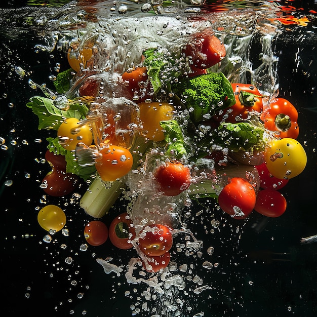 Onderwaterfoto met groenten op een zwarte achtergrond