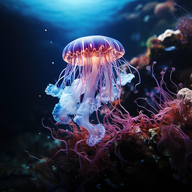 Onderwaterfoto van een blauwe kwallen die in de diepte van de oceaan gloeit