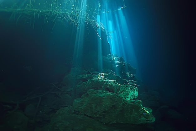 onderwatergrot stalactieten landschap, grotduiken, yucatan mexico, uitzicht in cenote onder water