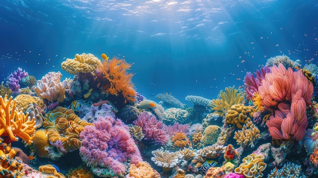 Onderwaterlandschap van een koraalrif vol met zeeleven en schitterende kleuren