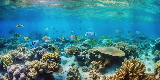Foto onderwaterleven door koraalriffen met kudde levendige tropische vissen generatieve ai