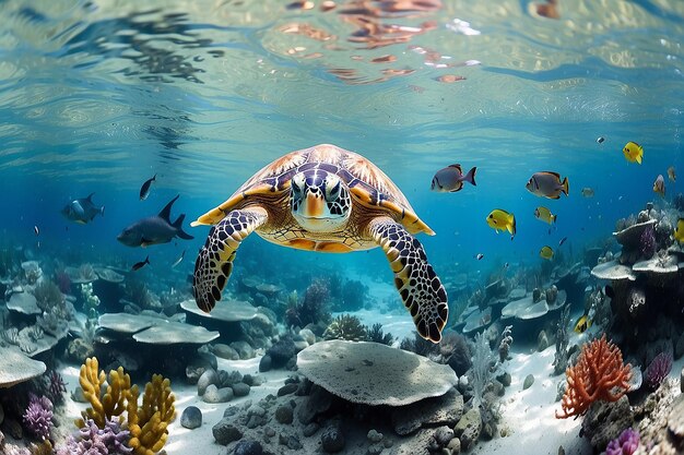 Onderwaterpanorama met schildpadden, koraalriffen en vissen