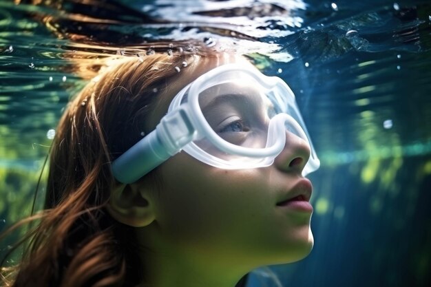 Onderwaterportret van een schattig klein meisje in een snorkelmasker