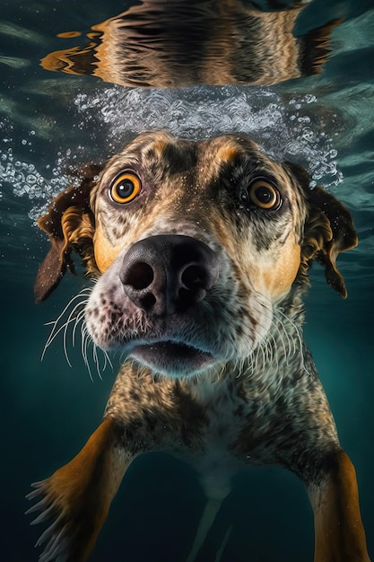 Onderwaterportret van schattige onderwaterhond die met open oog in zwembad en strand duikt