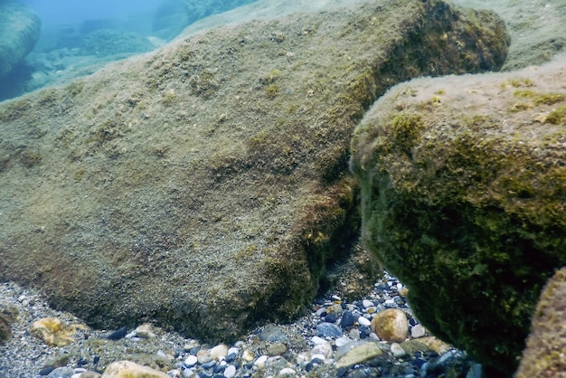 Onderwaterrotsen en kiezelstenen op de zeebodem