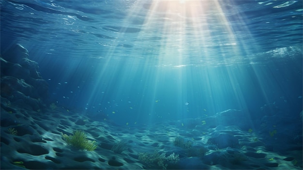 Onderwaterscène met zonlicht en onderwaterplanten in het water