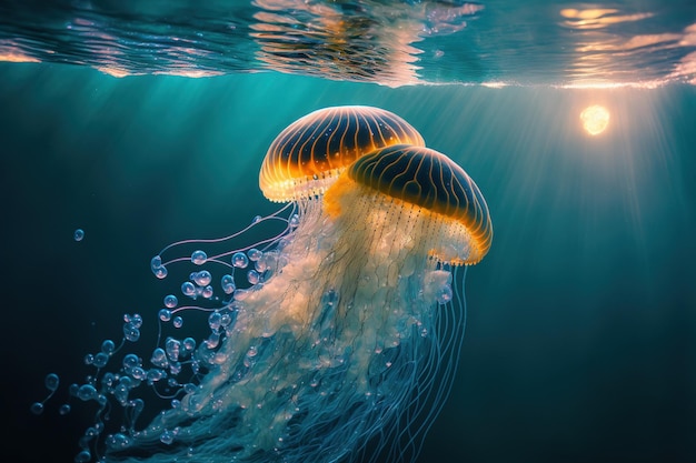 Onderwaterscène van kwallen die in zonnestralen drijven onder het oppervlak van de oceaan