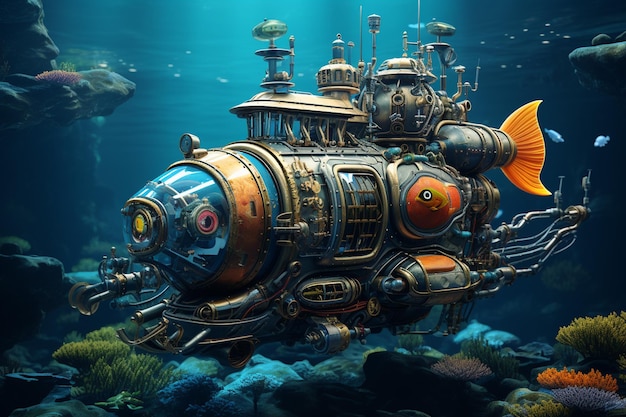 Onderwaterwereld 3D-weergave van een onderwaterwereld met een onderzeeër