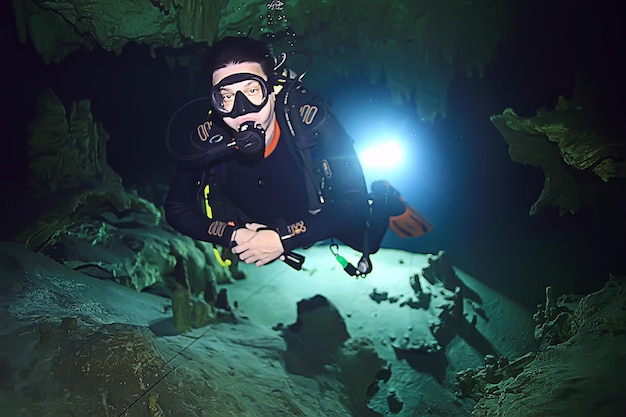 onderwaterwereld grot van yucatan cenote, donker landschap van stalactieten ondergronds, duiker