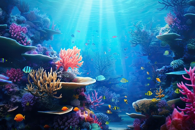 Onderwaterwereld met koralen en tropische vissen 3d rendering Onderwaterleven van de Rode Zee Kleurrijke en prachtige onderwaterwereld AI Generated