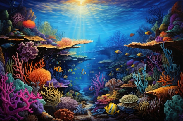 Onderwaterwereld met koralen en tropische vissen Onderwaterwereld Een onderwater koraalrif vol levendig zeeleven