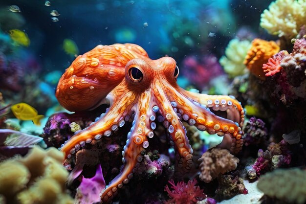 Onderwaterwonder Een boeiende afbeelding van een octopus te midden van levendige koralen