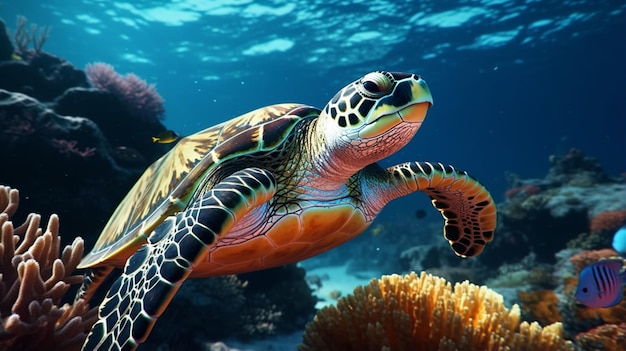 Onderwaterzee met zee-draaischildpad fotografiebeeld Ai gegenereerde kunst