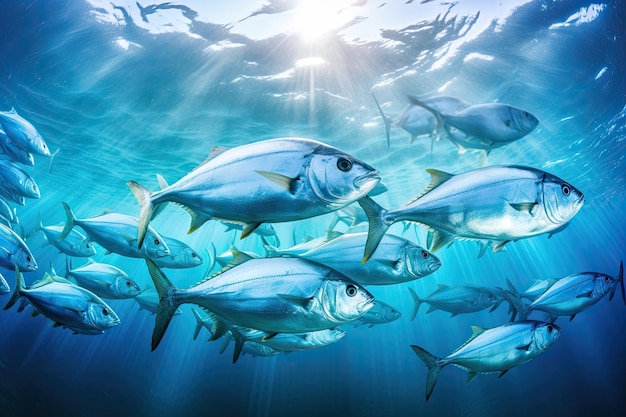 Onderwaterzicht van een school geelvintonijnvissen Een grote school Trevally in een diepblauwe tropische oceaan AI gegenereerd