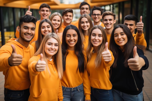 Onderwijs concept Gelukkig team van studenten duimen opdagen over op kleur achtergrond