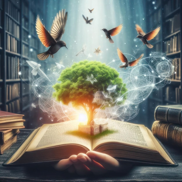 Foto onderwijs dag stapel boeken in de bibliotheek een boom van kennis in de opening van een oud boek