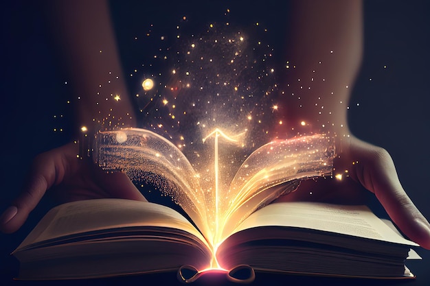 Onderwijs en boekconcept close-up hand met open boek met magische lichten Generatieve Ai