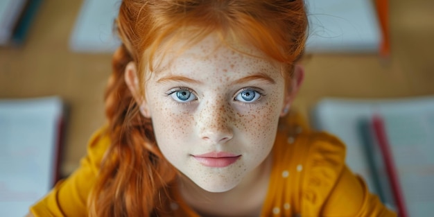 Foto onderwijs en school concept kleine student gember haar meisje sproeten op haar gezicht studeren op school