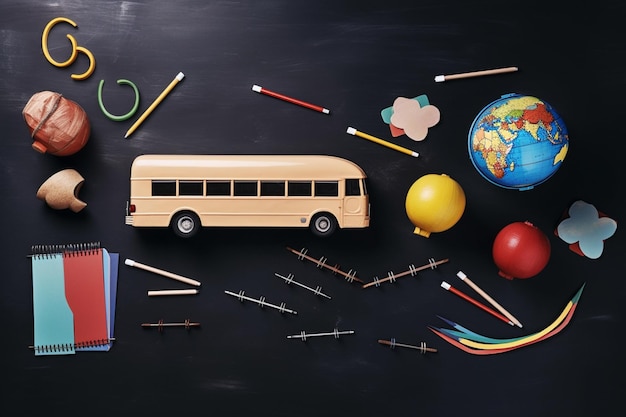 Onderwijs en terug naar schoolconceptenkantoorbehoeften en bus over het bovenaanzicht van het klasbord vlak l