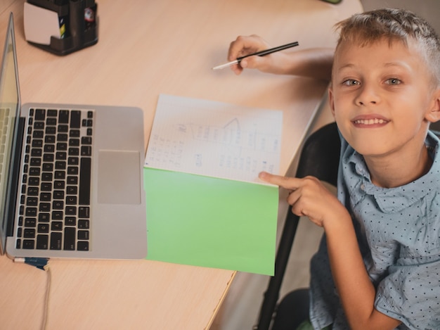 Foto onderwijs op afstand, online klasbijeenkomst. peuterjongen die thuis online les studeert, sociale afstand tijdens quarantaine, zelfisolatie