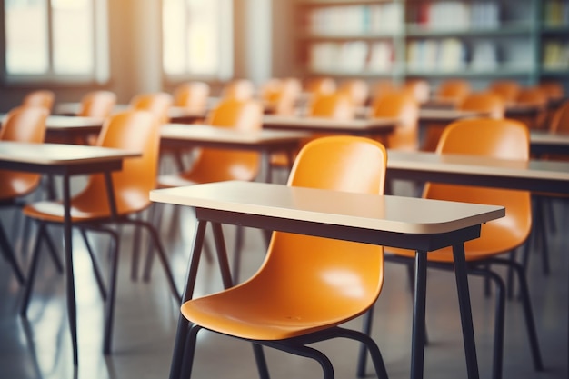 Onderwijsconcept Leeg klaslokaal met tafels en stoelen Vage achtergrond AI