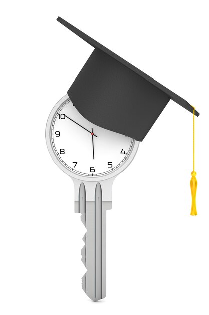 Foto onderwijsconcept. moderne klok als sleutel met afstuderen hoed op een witte achtergrond. 3d-rendering